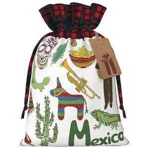 Kerst Drawstrings Gift Bags Mexico Chili Piramide Nachos Cactus Muziek Print Kerst Jute Zakken Herbruikbare Gift Zakken Xmas Present Zakken Voor Kerst Thanksgiving Party