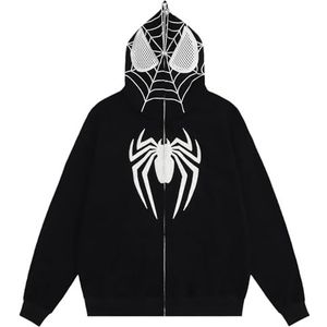 GWENCY Unisex Y2K Spider Hoodie Prints Pullover Jumpers Zip Up Lange Mouw Oversized Sweatshirt, Zwart, XXL