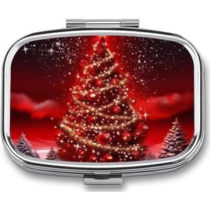 Kerstboom Rode Pillendoos 2 Compartiment Vierkante Pillendoos met Spiegel Metalen Pil Organizer Reizen Pillendoos Mini Geneeskunde Opbergdoos voor Pocket Purse