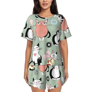 YQxwJL Mooie Cartoon Katten Print Vrouwen Pyjama Sets Shorts Korte Mouw Lounge Sets Nachtkleding Casual Pjs Met Zakken, Zwart, XL