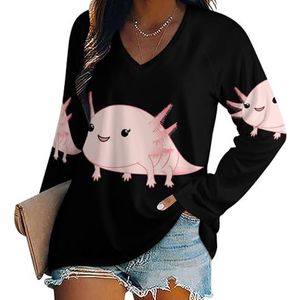 Cartoon Roze Axolotl Vrouwen Lange Mouw V-hals T-shirts Herfst Tops Trui Tuniek Tee voor Leggings