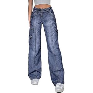 Vrouwen Lage Taille Cargo Jeans Rechte Wijde Pijpen Baggy Denim Broek Y2k Indie Esthetische Vintage Jeans Broek 90's Streetwear (Color : Blue, Size : M)