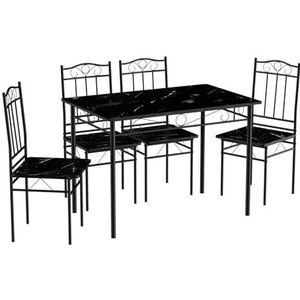 JAZZLYN Eettafelset met 4 stoelen, meubelset voor eetkamer, keuken, woonkamer, marmerpatroon + zwart frame