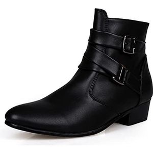 De nieuwe Men Chelsea Boots Duble Buckle Side Zip PU Slip On Wearable Waterproof Anti-slip Dress Slip On (Color : Black, Size : 44 EU)