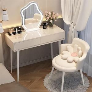 EdNey Kaptafel set, voor slaapkamer kleedkamer, met 3-kleuren dimbare verlichte spiegel, met comfortabele make-up kruk, met lade (kleur: wit, maat: L-100 cm)