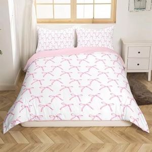 Roze Strikken Print Dekbedovertrek 140X200 voor Meisjes Prinsessenstijl Roze Witte Strikken Design Beddengoedset met Kussensloop Franse Esthetische Dekbedovertrek Set voor Kinderen Tieners Slaapkam