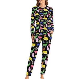Woodland Dieren Zachte Dames Pyjama Lange Mouw Warm Fit Pyjama Loungewear Sets met Zakken 6XL