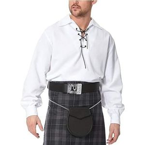 Mannen Lange Mouw Ghillie Shirt Jacobite voor Schotse Kilt Shirts lace up Henley Katoen veterschoenen, Wit, M