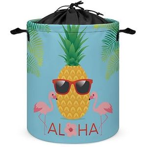 Aloha Wasmand met ananas en flamingo met deksel, opvouwbare wasmand met trekkoord voor thuis en op reis