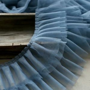 Zachte geplooide dubbele laag tule kant kleding huis textiel stoffen accessoires DIY kinderen pofrok ruches manchet naaien decoratie-grijsblauw-1 yard