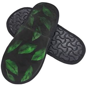 HerfsT Groene bladeren op zwarte muurprint harige pantoffels voor dames en heren, pluizige traagschuim pantoffels winter pluche huispantoffels M, Zwart, Medium