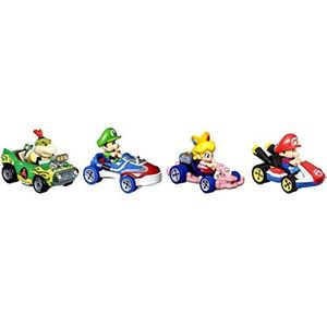 Hot Wheels Mario Kart Vehicle 4-pack, set van 4 fan-favoriete personages inclusief 1 exclusief model, verzamelcadeau voor kinderen en fans vanaf 3 jaar