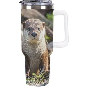 RTFGHJS 40 oz Tumbler Dier Leuke Bruine Otters Geïsoleerde Tumbler Reizen Koffiemok met Rietjesdeksel Roestvrijstalen Waterfles Vacuüm Geïsoleerde Tumbler voor Sport Werk Auto Reizen Weekends