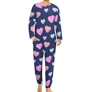 Aquarel Harten Comfortabele Heren Pyjama Set Ronde Hals Lange Mouw Loungewear met Zakken 4XL