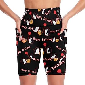 Happy Birthday met pinguïns dames yoga biker shorts hoge taille workout broek met zakken