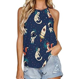Space Foxes Cats Astronaut dames tanktop zomer mouwloze T-shirts halter casual vest blouse print Tee L