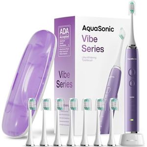 Aquasonic Vibe-serie Ultra-whitening tandenborstel - ADA geaccepteerde elektrische tandenborstel - 8 opzetborstels en reisetui - 40.000 VPM-motor en draadloos opladen - 4 modi met slimme timer