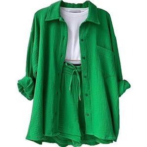 2-delige damesoutfits katoenen revers shirt met lange mouwen zomer dames korte broek met hoge taille en trekkoord (Color : Green, Size : 2X-Large)