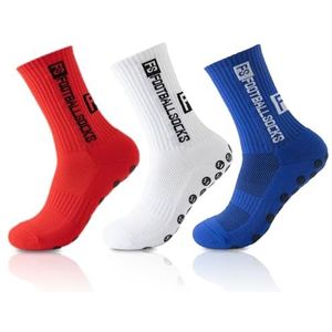 Voetbalsokken, Gripsokken, Antislip Sport Sokken Heren, Antislip Sportsokken Unisex Voetbal, Basketbal (DE/NL/SE/PL, Alfabetisch, One size, Regular, Regular, 3, Rood Wit Blauw)