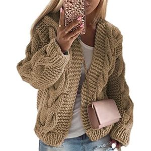 SMIMGO Grof gebreide vesten voor vrouwen UK, vrouwen kabel gebreid gecopped oversized vest losse trui jas effen kleur tops (kleur: O-kaki, maat: M)