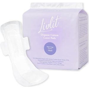 Livlit Superlange maandverband voor nachtelijke maandverbanden, 100% biologisch katoen uit Texas, zwaar absorptievermogen, krachtige lekbescherming, ongeparfumeerde, extra lange pads voor vrouwen (10