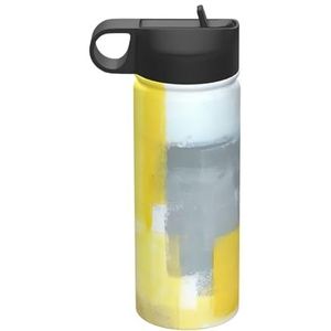 QGWDYYJQ Grijs en Geel Abstracte Kunst Schilderen Gedrukt 18oz Sport Geïsoleerde Waterkoker Reizen Mok Sport Fitness Fles