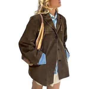 A&M Express Donkerbruin suède leren blazerjack - losse elegante jas met zakken voor vrouwen, donkerbruin, L