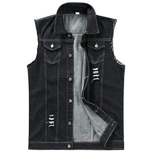 YOUTHUP Heren Ripped Denim Gilet Casual Vintage Biker Vest Cowboy Mouwloos Vest Jas, #813 Zwart, L