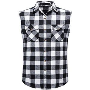 Iris Sprite Heren mouwloos geruit overhemd casual flanel button down shirts losse pasvorm met zak, Zwart-a210, M