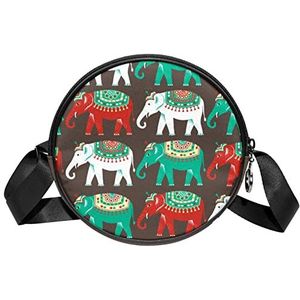 Messenger Bag Etnische Indiase Olifanten Groen Wit Rood Crossbody Tas voor Vrouwen Rond, Meerkleurig, 6.7x6.7x2.3 in, Sling Rugzakken