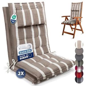 Beautissu Set van 2 Premium Hoge Rugleuning Kussen met Hoofdkussen 120x50 cm Sun-HL – UV-bestendig & 8cm Dik Kussen Tuinstoelkussen Antislip Bevestigingsbanden – Stevige Stof Wit Beige Gestreept