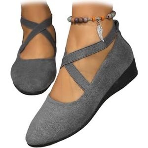 Dames Comfy Elastische Krisscross Strap Wedge Slip-On Schoenen, Orthopedische Schoenen voor Vrouwen, Zomerschoenen voor Vrouwen UK, Ballerina Enkel Elastische Pomp, Grijs, 10.5 UK Wide