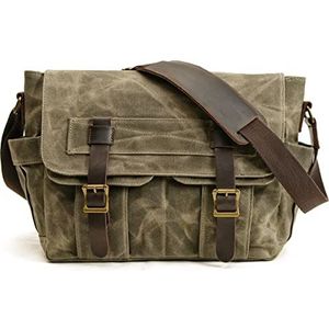 Waterdichte Retro Waxed Canvas en Lederen Messenger Bag - Vintage Schouder Computer Bag, Medium Size met Enkele Riem en Ritssluiting Binnenzak, Groen, Eén maat