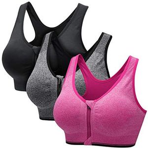 CARETOO Sportbeha voor dames, met ritssluiting aan de voorkant, draadloze beha, schokdemper, sportbeha, stresstraining, yoga, bustier met afneembare pads voor hardlopen, gym, fitness, Zwart & Grijs &