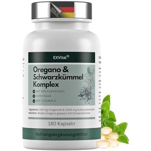 EXVital Oregano- en zwarte komijnolie complex, 180 veganistische capsules, 100 mg oregano-olie en 1000 mg zwarte komijnolie per dag, 80% carvacrol, hoge dosis en zonder toevoegingen