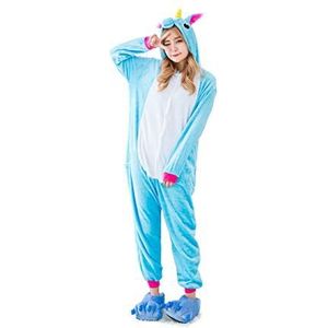Kauson Unisex 3D Eenhoorn Pyjama Cosplay Dier Kostuum Onesie Flanel Nachtkleding Capuchon - Blauw - XL