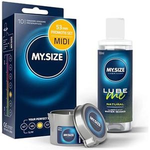 Voordeelverpakking MY.SIZE-condooms 53 mm, pak van 10 + MY.SIZE natuurlijk glijmiddel 100 ml + MY.SIZE-massagekaars