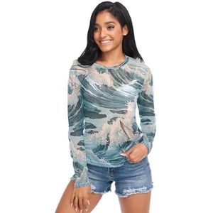 KAAVIYO Abstracte kunst van de zeegolven lange mouwen shirt shirt koud gevoel transparant sexy shirt voor dames meisjes, Patroon., XXL