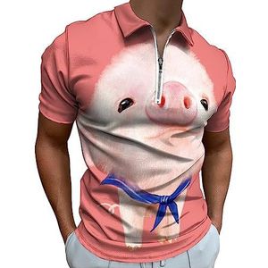 Roze Leuk Varken Polo Shirt voor Mannen Casual Rits Kraag T-shirts Golf Tops Slim Fit