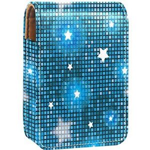 Glanzende sterren blauw geometrisch vierkant patroon lipgloss houder lippenstift case draagbare mini lippenstift opbergdoos reizen lippenstift organizer case met spiegel voor vrouwen, Meerkleurig, 9.5x2x7 cm/3.7x0.8x2.7 in