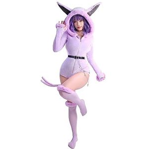Mobbunny Anime afgeleide romper onesie pyjama bodysuit met staart riem en sokken pluizige bodycon jumpsuit met capuchon (paars, xl)