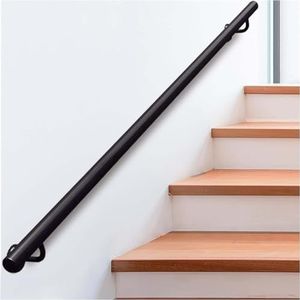 Industriële trapleuning van buizen, metalen gegalvaniseerde ijzeren leuning met muurbeugels, zwarte trapleuning, zware ondersteuning voor binnen- en buitentreden(150cm)