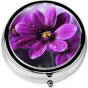 Pillendoosje met spiegel, retro pillendoosje met 3 vakken, paarse bloem, kleine pillenorganizer voor portemonnee of zak, decoratieve metalen medicijnen, vitamine-organizer, unieke geschenken