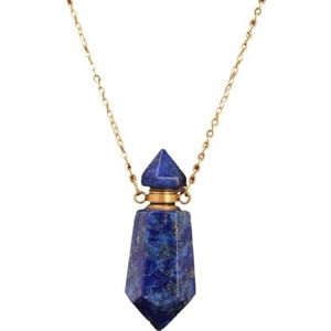 Natural Gems Stone Faceted Prism Perfume Bottle Pendants Necklace (Color : Lapis Gold)
