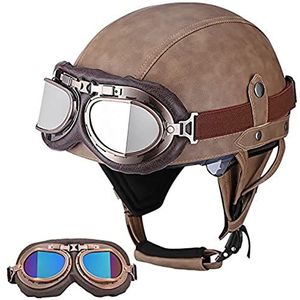 Leren motorhelmen met pilotenbril, DOT-goedgekeurde volwassenen bromfiets Duitse stijl Skull Cap-helm voor heren en dames motorfietsen cruiser scooter touring Decoration