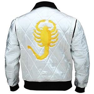 Fashion_First Mens Movie Drive Scorpion Jacket - Ryan Gosling gewatteerde witte satijnen bomberjack, Wit, XL
