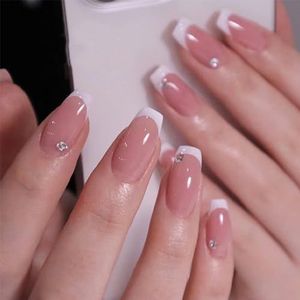 24 stuks korte kunstnagels - nepnagels met lijm - plaknagels in 12 maten - volledig dekkende acryl kunstnageltips for vrouwen en meisjes. Nail Art(Pink White)
