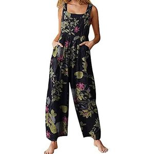 LINKE Overall voor dames casual losse tuinbroek zacht katoen linnen baggy jumpsuit verstelbare bandjes met zakken, M-5XL, XXL