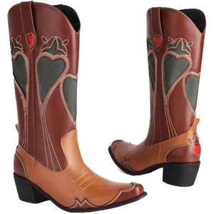 Lmtossey Westerse laarzen cowboylaarzen retro elegante damesschoenen herfst en winter borduurwerk grote maat, Bruin, 42.5 EU