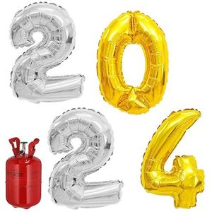 Ballongasset 2024 folieballon met cijfers 2 x 2 zilver 1 x 0 + 1 x 4 goud | heliumfles 140 l gasvulling voor 20 ballonnen (1 x ballongasset 2024)